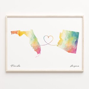 Print van Florida naar Arizona, aquarel kaart poster, Arizonan cadeau, reizen muurkunst, kaart expatriate, C23-1302