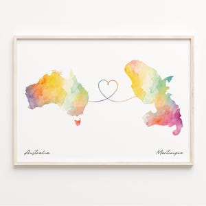 Australia to Martinique Print, Watercolor Map Poster, Maltese Gift, Travel Wall Art, Borderless Love Gift, C23-911