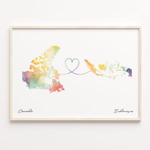 Kanada / Indonesien Druck, Aquarell Karte Plakat, indisches Geschenk, Reise-Wandkunst, internationale Liebe, C23-679