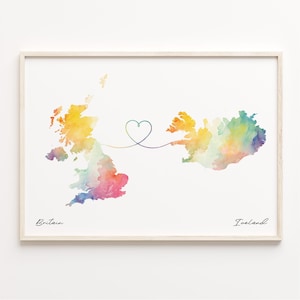 UK to Iceland Print, Watercolor Map Poster, Icelandic Gift, United Kingdom Wall Art, Welcome Home, C23-280