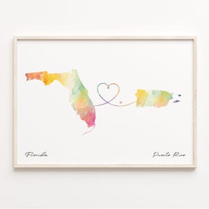 Print Florida naar Puerto Rico, aquarel kaart poster, Puerto Ricaans cadeau, reizen muurkunst, vriendschapskaart, C23-1338