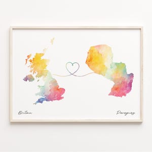 UK to Paraguay Print, Aquarell Karte Poster, Paraguayisches Geschenk, Vereinigtes Königreich Wandkunst, Reisekarte, C23-342