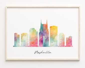 May include: A watercolor painting of the Nashville skyline in shades of pink, yellow, blue, and green. The city's iconic buildings are depicted in silhouette, with the text "Nashville" written below.