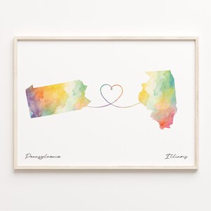 Pennsylvania to Illinois Print, Watercolor Map Poster, Illinoisan Gift, Travel Wall Art, Far Apart, C23-1417