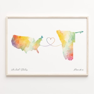 US to Namibia Print, Watercolor Map Poster, Namibian Gift, US Wall Art, Overseas Love Gift, C23-128