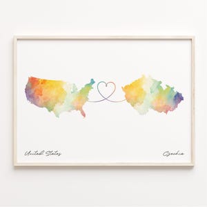 US to Czechia Print, Aquarell Karte Auswandern, Tschechisches Geschenk, US Wand Kunst, C23-46
