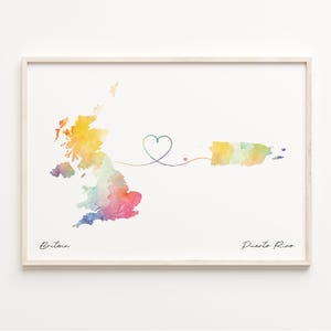 UK to Puerto Rico Druck, Aquarell Landkarte Poster, Kanada Geschenk, England Wandkunst, Freundschaftsgeschenk, C23-347