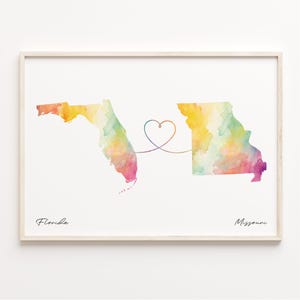 Florida naar Missouri print, aquarel kaart poster, Missourian cadeau, reizen kunst aan de muur, afscheidskaart, C23-1323