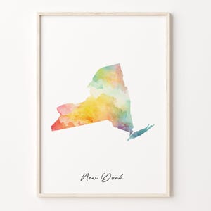 Impresión de mapas de acuarela de Nueva York, vibrante cartel de arte neoyorquino, arte colorido de la pared del país de Nueva York, arte de mapas lúdico, C26-234