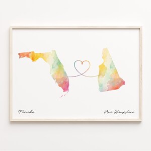 Print Florida naar New Hampshire, aquarel kaart poster, New Hampshiriet cadeau, reizen muurkunst, kaart nieuw land, C23-1329