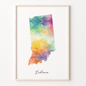 Indiana Watercolor Map Print, Vibrant Hoosier Art Poster, IN Colorful Country Wall Art, Virbant poster, C26-215