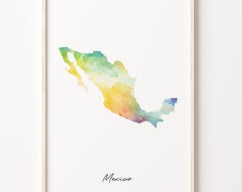 May include: A framed print featuring a watercolor map of Mexico. The map is filled with a gradient of colors, including green, yellow, orange, and purple. The word "Mexico" is written in cursive at the bottom.