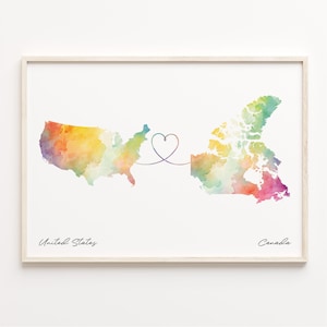 US to Canada Print, Watercolor Map Poster, Canadian Gift, US Wall Art, Far Apart Gift, C23-32