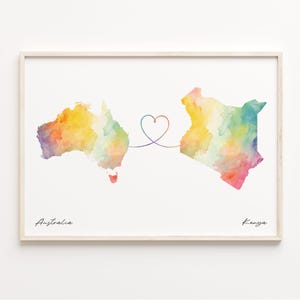 Australia Kenya Watercolor Map Print: Long Distance Gift
