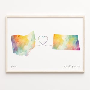 Ohio to North Dakota Print, Watercolor Map Poster, North Dakotan Gift, Travel Wall Art, Friendship Gift, C23-1535
