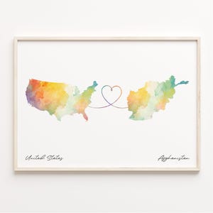 US to Afghanistan Print, Watercolor Map Poster, Afghan Gift, US Wall Art, Travel Abroad, C23-1