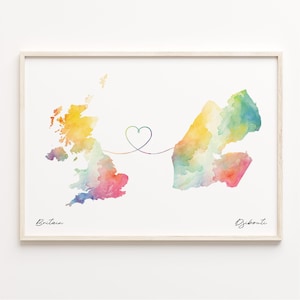 UK to Djibouti Watercolor Map Print: Country Connection Gift