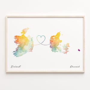 Ireland to Denmark Print, Watercolor Map Poster, Danish Gift, Travel Wall Art, Relationship, C23-1042