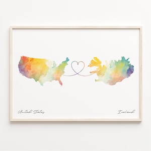 US to Iceland Print, Watercolor Map Poster, Icelandic Gift, US Wall Art, Cultural Roots Map, C23-81