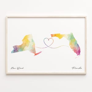 New York naar Florida print, aquarel kaart poster, Florida cadeau, reizen muurkunst, vrijwilliger, C23-1360