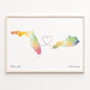 Florida naar Kentucky print, aquarel kaart poster, Kentuckian cadeau, reizen muurkunst, overzeese liefdescadeau, C23-1316