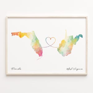 Florida naar West Virginia print, aquarel kaart poster, West Virginian cadeau, reizen kunst aan de muur, studeren in het buitenland cadeau, C23-1349