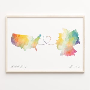 US to Germany Print, Aquarell Karte Poster, Deutsches Geschenk, US Wandkunst, Leben im Ausland, C23-67