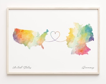 USA to Germany Watercolor Map Print: Country Connection Gift