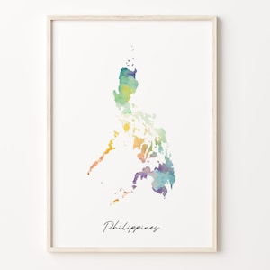 Impresión de mapa de acuarela de Filipinas, cartel de arte filipino vibrante, arte colorido de la pared del país de PH, decoración de viaje, C26-145