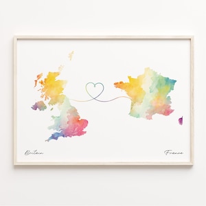 Großbritannien Frankreich Druck, Aquarell Karte Poster, Französisches Geschenk, Großbritanien Wandkunst, Studie im Ausland Geschenk, C23-260