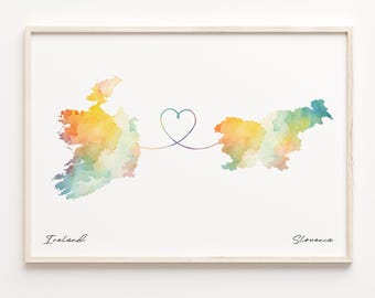 Ireland Slovenia Watercolor Map Print: Country Connection Travel Art
