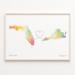 Florida naar Virginia print, aquarel kaart poster, Virginian cadeau, reizen muurkunst, LDR, C23-1345