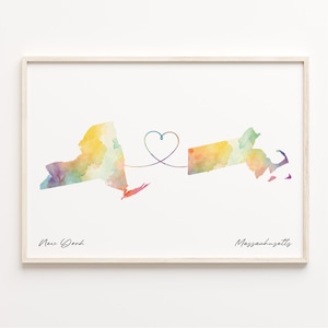 New York nach Massachusetts Druck, Aquarell Karte Poster, Massachusetts Geschenk, Reise Wandkunst, Willkommensgeschenk, C23-1370