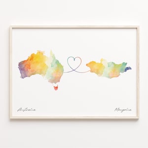 Australia to Mongolia Print, Watercolor Map Poster, Moldovan Gift, Travel Wall Art, Faraway Love Map, C23-918