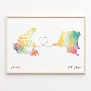 Canada to DR Congo Print, Watercolor Map Poster, Dominican Gift, Travel Wall Art, Relationship Gift, C23-647