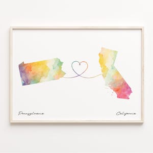 Pennsylvania to California Print, Watercolor Map Poster, Californian Gift, Travel Wall Art, Borderless Love Map, C23-1407