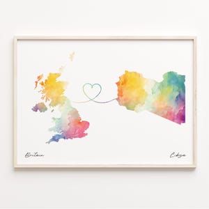 UK to Libya Watercolor Map Print: Country Connection Art