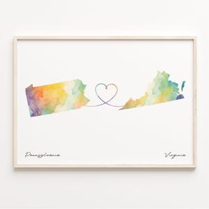 Pennsylvania Virginia Watercolor Map Print: Long Distance Gift