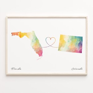 Print Florida naar Colorado, aquarel kaart poster, Colorado cadeau, reizen muurkunst, wereldwijde liefdescadeau, C23-1304