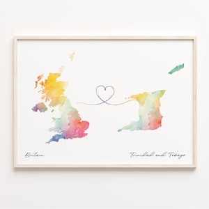 UK to Trinidad und Tobago Druck, Aquarell Karte Poster, Trinidad Geschenk, Vereinigtes Königreich Wandkunst, internationale Liebe, C23-382