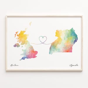 Großbritannien nach Uganda Druck, Aquarell Karte Poster, Geschenk für Uganda, Vereinigtes Königreich Wandkunst, Doppelte Nationalität, C23-386