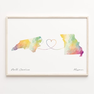 North Carolina to Missouri Print, Watercolor Map Poster, Missourian Gift, Travel Wall Art, Friendship Map, C23-1635