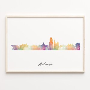 Antwerp Skyline Print, Watercolor Cityscape, Belgium Wall Art Poster, Rainbow Skyline, Cityscape Print, C29-346