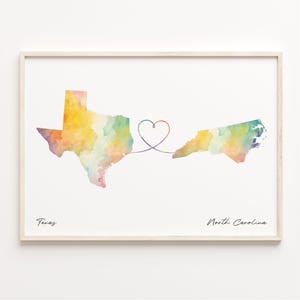Texas to North Carolina Print, Watercolor Map Poster, North Carolinian Gift, Travel Wall Art, Continental Love, C23-1274