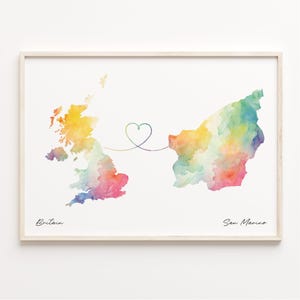 UK to San Marino Druck, Aquarell Karte Poster, Sammarinese Geschenk, Vereinigtes Königreich Wandkunst, LDR, C23-355