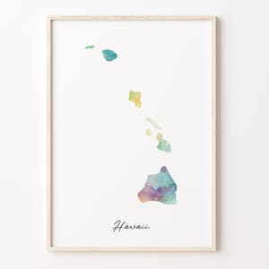 Hawaii Aquarell Karte Druck, Lebendiges Hawaiianisches Kunstplakat, HI Buntes Land Wandkunst, Regenbogenplakat, C26-211