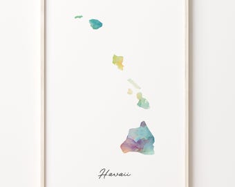 Hawaii Watercolor Map Art Print: Vibrant Island Wall Decor