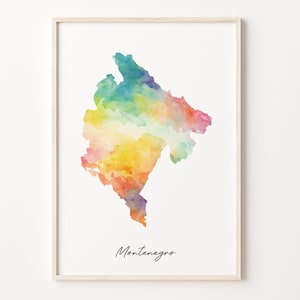 Montenegro acuarela mapa impresión, vibrante cartel de arte montenegrino, ME colorido arte de la pared del país, mapa caprichoso, C26-124