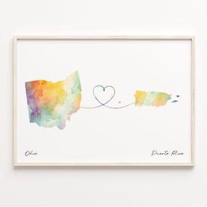 Ohio to Puerto Rico Print, Watercolor Map Poster, Puerto Rican Gift, Travel Wall Art, Study Abroad, C23-1546