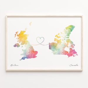 Großbritanien und Kanada Druck, Aquarell Karte Poster, Kanada Geschenk, Großbritanien Wandkunst, Far Apart Karte, C23-231